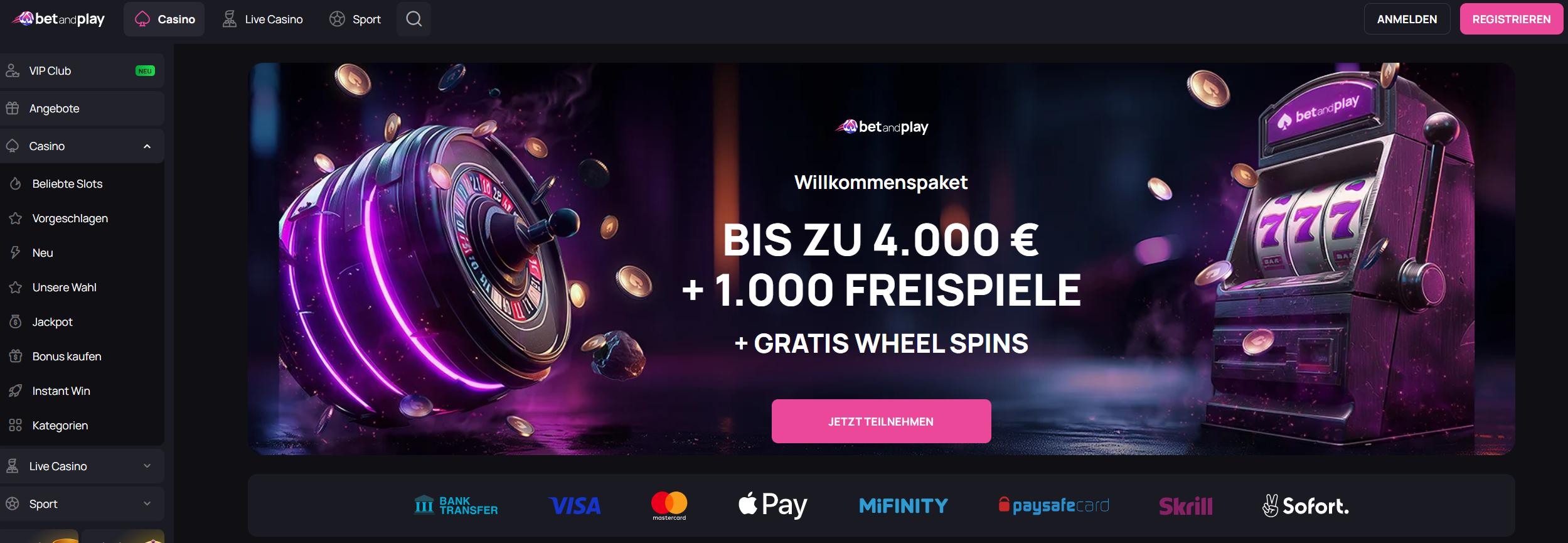 BetandPlay Casino ohne Limit – bis zu 4.000€ + 1.000 Freispiele + Gratis Wheel Spins